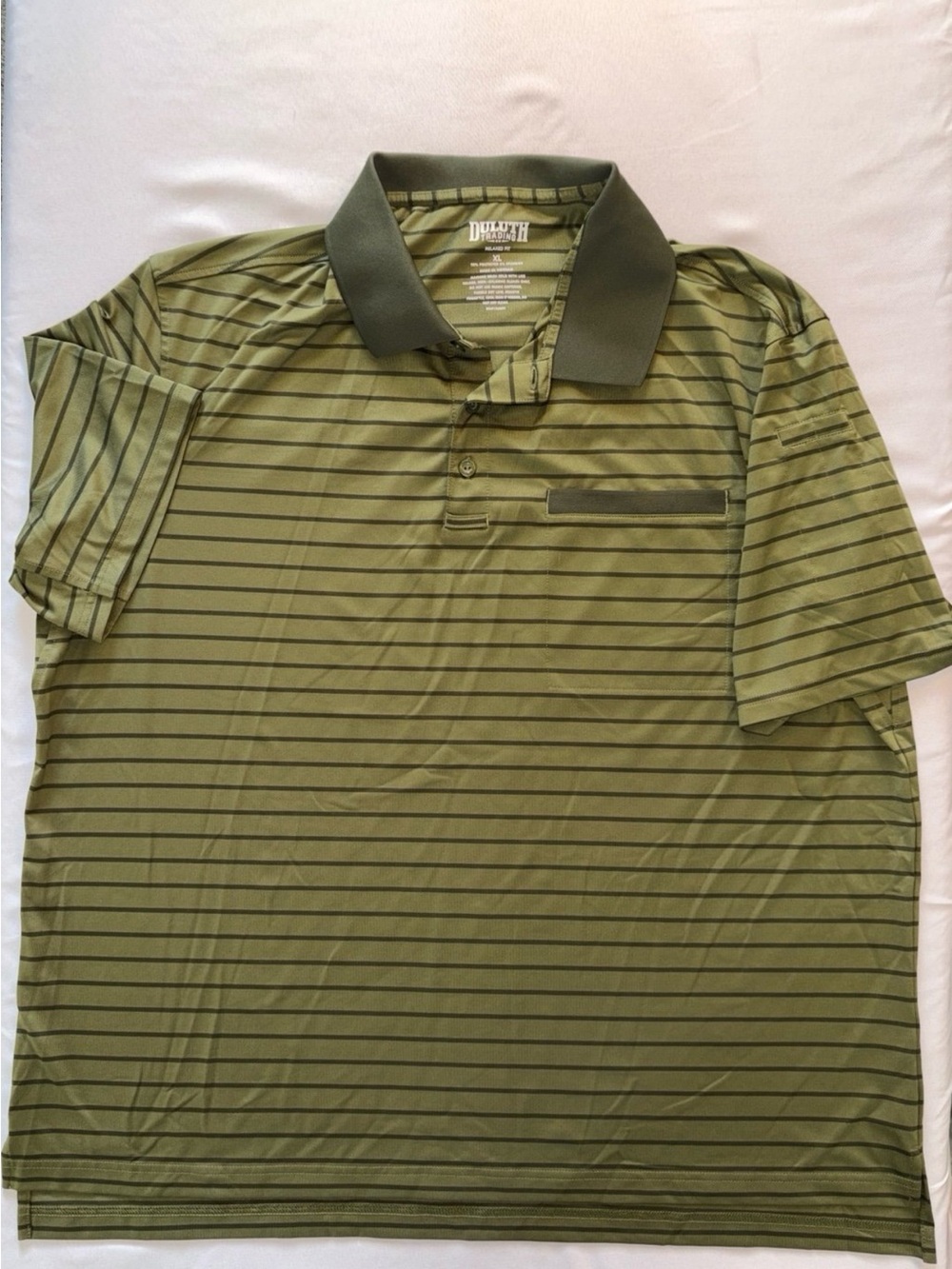 Duluth Trading Co Olive Striped Polo with Dark Olive Collar